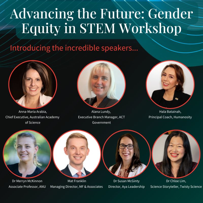Seven headshots of six women and one man apart of a workshop discussion. Text at the top that reads, Advancing the future: Gender equity in STEM workshop