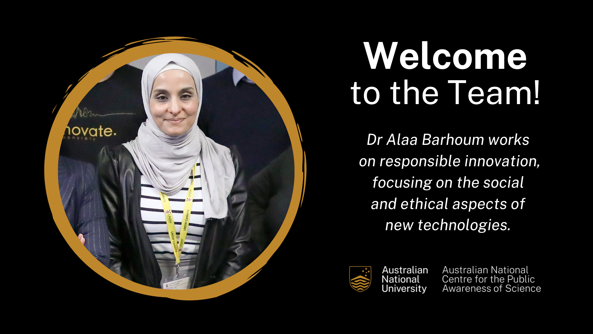 Headshot of a woman inside a golden circle. Text next to the photo reads, 'Welcome to the Team!'