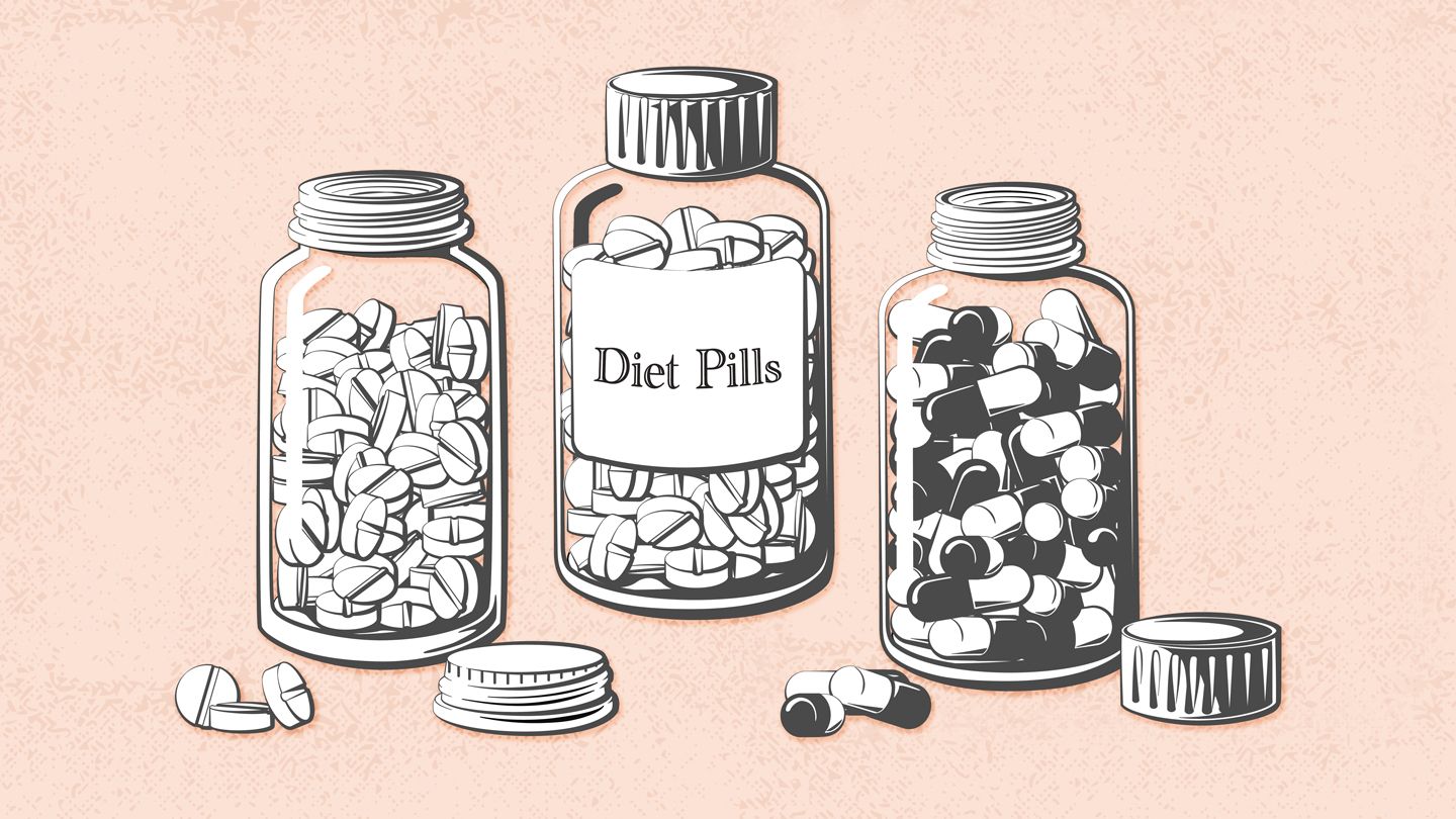 Cartoon of three jars filled with pills. The centre pill bottle has text that reads "Diet Pills"