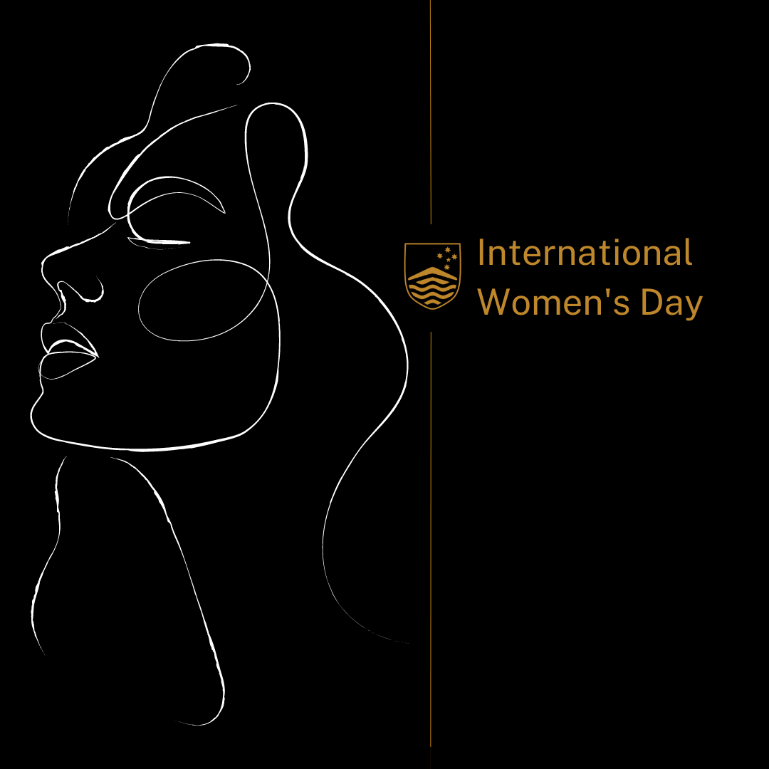 Black background, sketch of a woman in white colour, a gold shield and the words International Women's Day