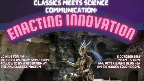 A bionic woman sits on a small stage surrounded by people. Purple text on top that reads Classics Meets Science Communications: Enacting Innovation.