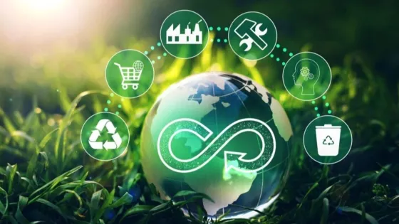 Glass globe etched like planet earth with an infinity sign overlaid on top of the globe. Globe is laying get grass with six smaller circles hovering above the earth indicating different pieces of the circular economy including recycling, energy, construction, waste, and knowledge.