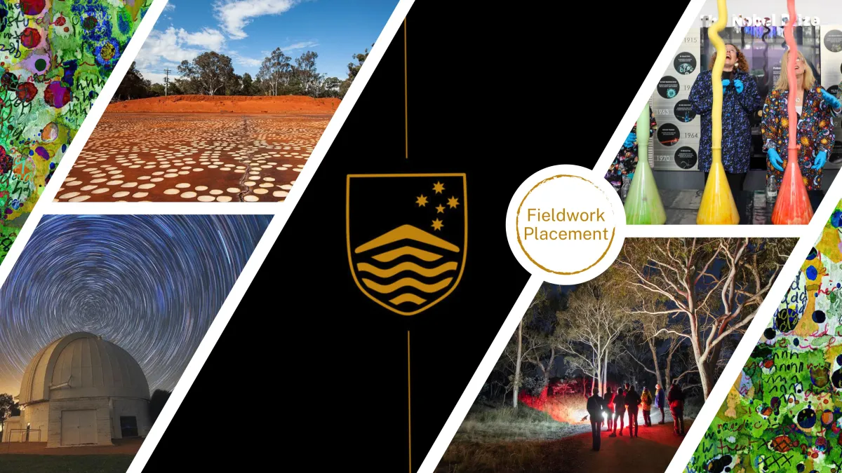 7 slanted quadrilaterals, from left to right images are a thumbprint painting, Mount Stromlo observatory, National Botanical Garden's red soil landscape, ANU shield logo, Questacon people and exploding beakers, Mulligans Flat night hike with red flashlights, and thumbprints painting.