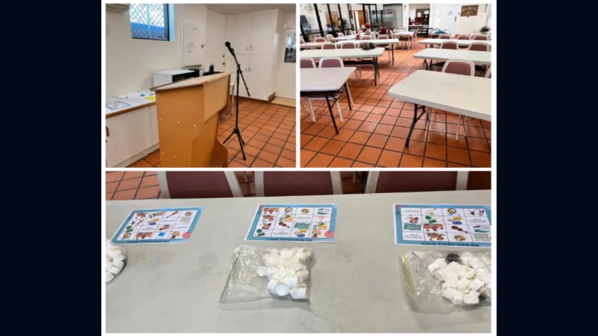 Collage of how the program was set up with microphone, laptop, bingo cards and dots.
