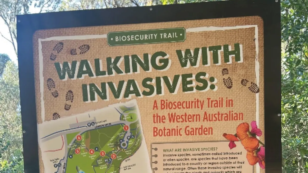Park sign with a map of the walk, QR codes and text that reads, 'Walking with invasives: A Biosecurity trail in the Western Australian Botanic Garden