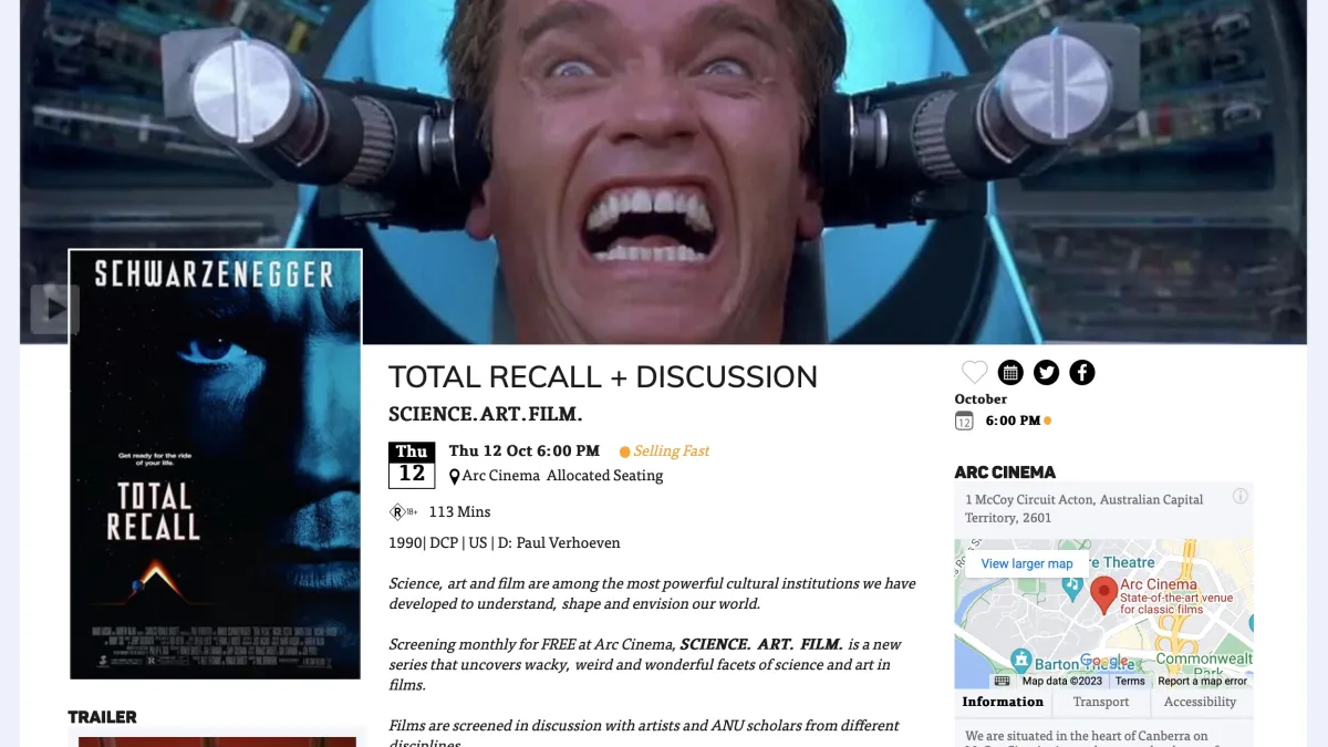 Banner image of a man with a machine around his head. A poster image overlaps below with text next to it that reads, Total Recall + Discussion, Science.Art.Film 12 Oct 6pm. 