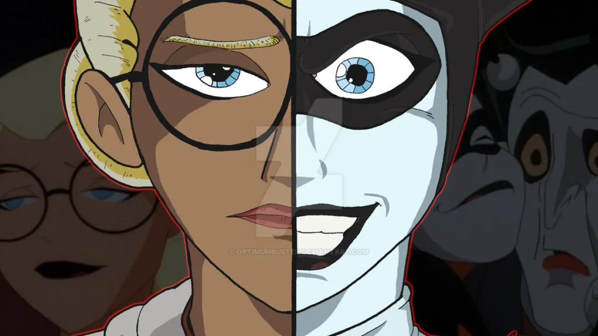 Cartoon rendering of two sides (two faces) of Dr Harleen Quintal/Harley Quinn by OptimumBuster on DebianArt