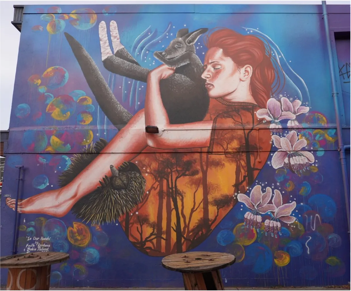 Person holding a kangaroo close to their chest with an echidna crawling on their leg, and flowers spread around the outside of the wall mural.