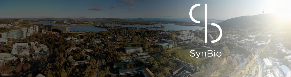 Aerial photo of Canberra with a logo of SB and together depicting SyntheticBiology Network