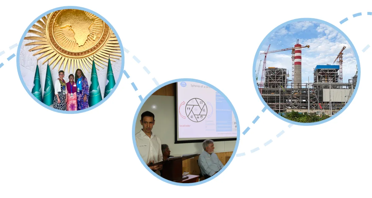 Images of CPASians at a conference in Africa, a presentation on the circular economy, and metal processing infrastructure in Indonesia