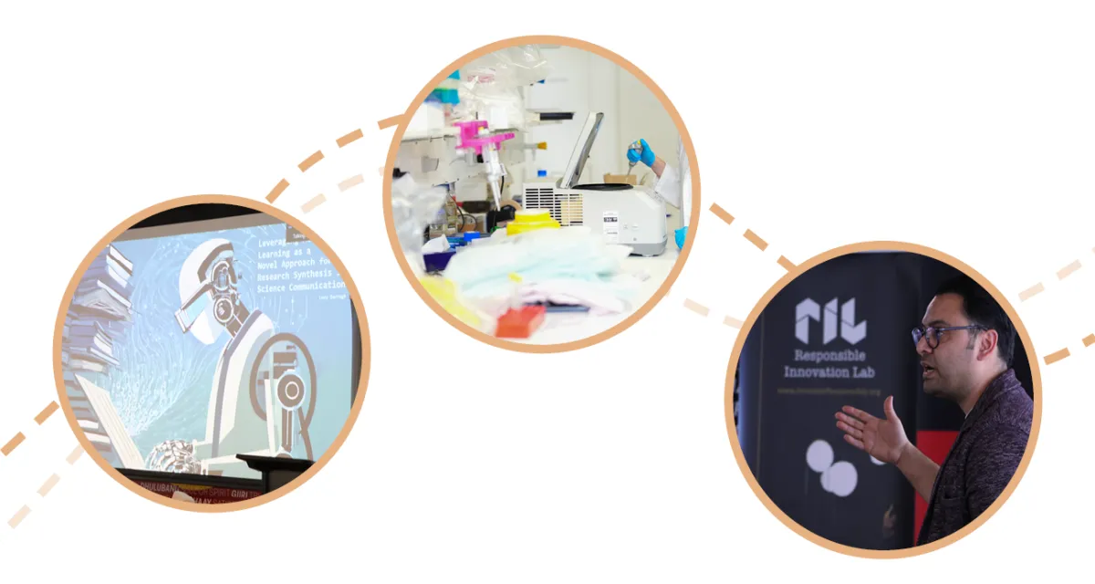 Images of art of a robot on a screen during a presentation about AI, tools in a lab, and Ehsan Nabavi speaking in front of a "Responsible Innovation Lab" tarp