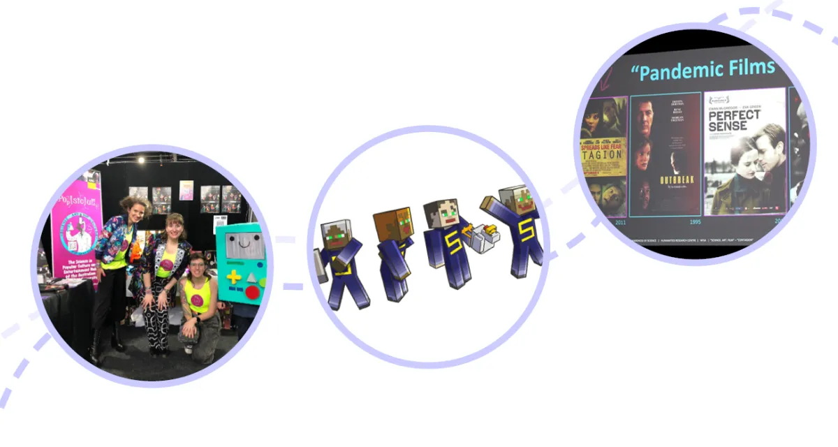 Images of Team POPSICULE at Oz Comiccon 2024, art from the Syndemitown project, and a slide showing posters of films about pandemics