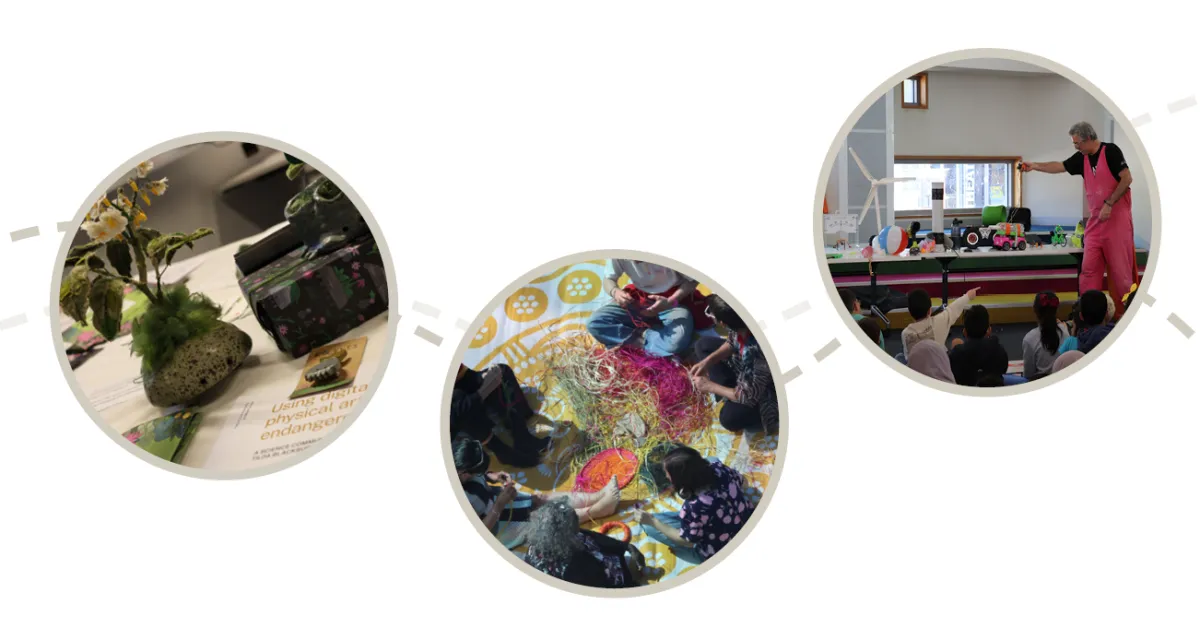 Images of the &quot;Rockles&quot; sculpture project by Tilda Rooney-Blackburn, a yarning circle during AusSTS 2024, and one of Graham Walker's &quot;It's Electrifying!&quot; shows in Gungahlin Library