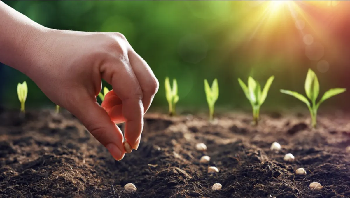A hand planting a seed with two rows of already placed seeds and seedling plants growing in the distance.