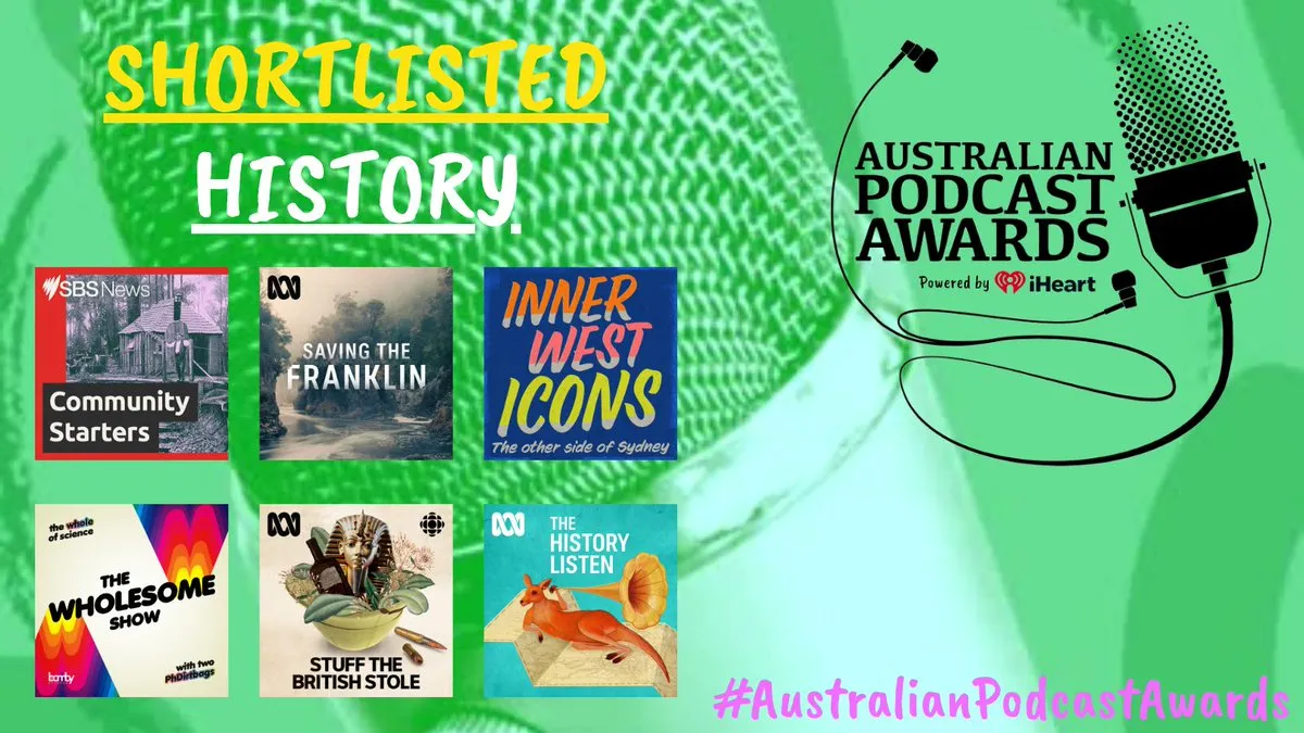 Green image of a podcast microphone in the background with the label of 'Shortlisted History' with six album covers for different podcasts.