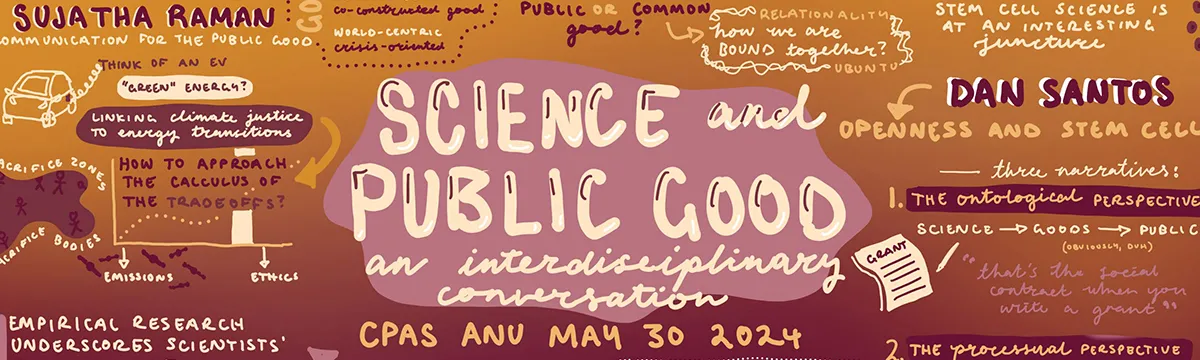 Illustration by Indigo Strudwicke for CPAS Seminar: 'Science and Public Good: an interdisclipinary conversation' held 30 May 2024