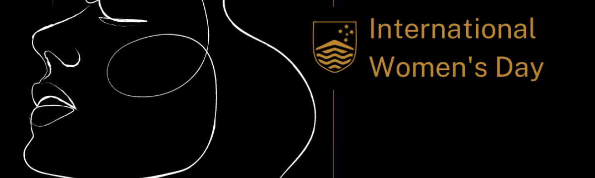 Black background, sketch of a woman in white colour, a gold shield and the words International Women's Day