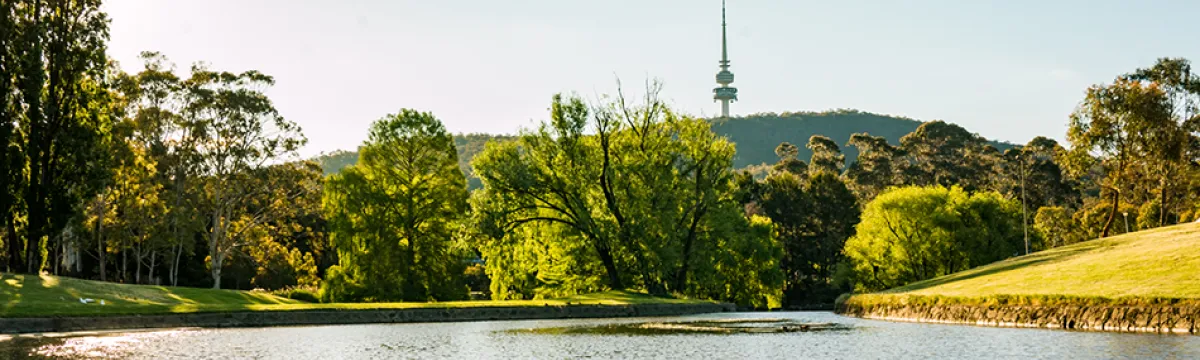 Sullivan's creek on ANU campus, with Telstra Tower in the distance