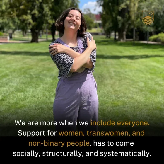 Woman hugging herself with a quote.