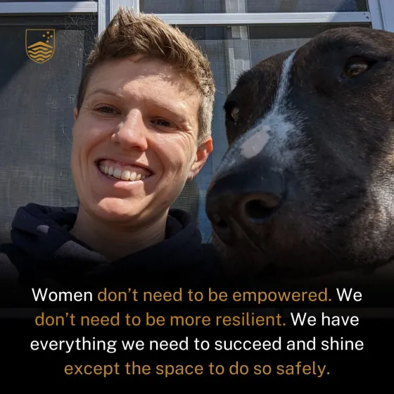 Woman smiling with a dog and a quote below.