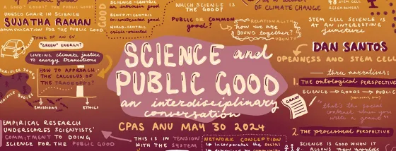 Illustration by Indigo Strudwicke for CPAS Seminar: 'Science and Public Good: an interdisclipinary conversation' held 30 May 2024