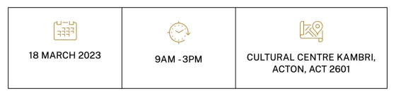 Cartoon graphics all gold of a calendar, stopwatch, and map. Below each graphic is the date, time, and location of the Event.