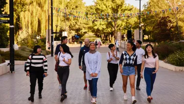 A group of students walking towards the camera
