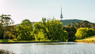 Sullivan's creek on ANU campus, with Telstra Tower in the distance